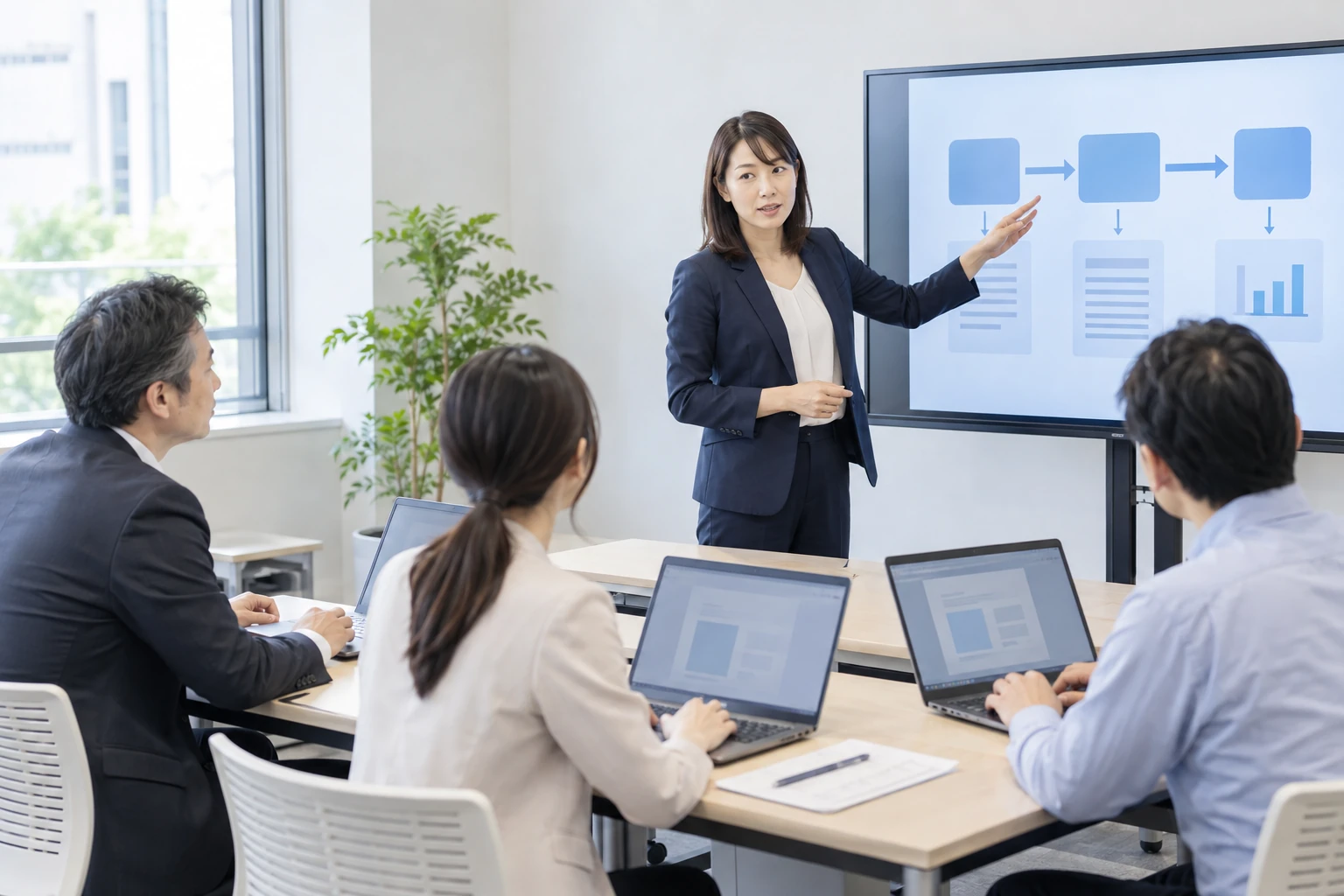 講師がモニターで説明し、参加者がそれぞれのノートパソコンでAI活用を学ぶ研修のイメージ